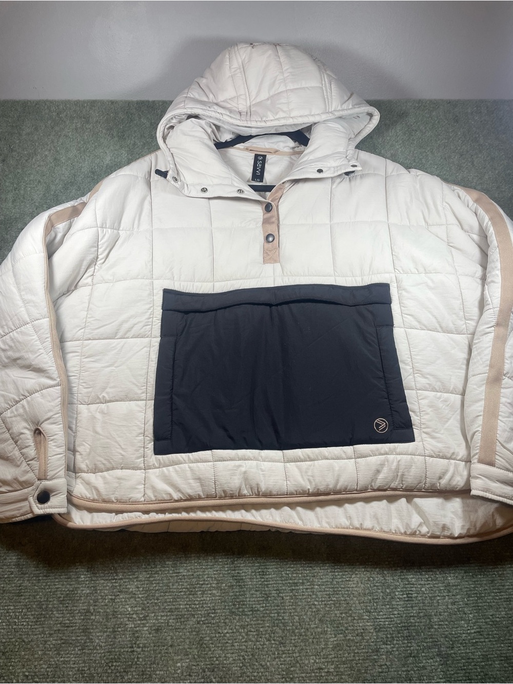 Savvi Cream Quilted Hooded Pullover with Black Pocket